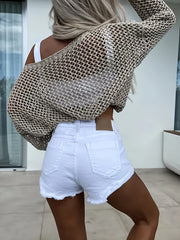 Vacation Beach Cover Up Long Sleeved Hollow Loose Top