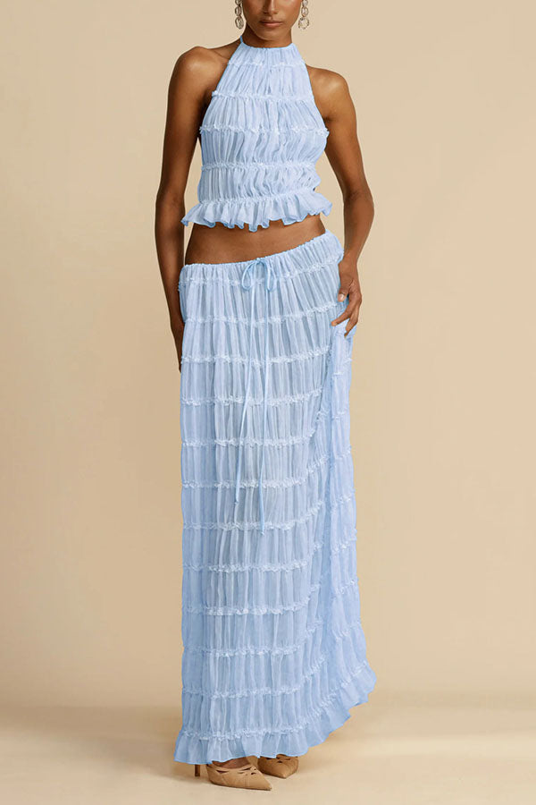 Versatility and Vintage Charm Pleated Drawstring Waist Tiered Maxi Skirt