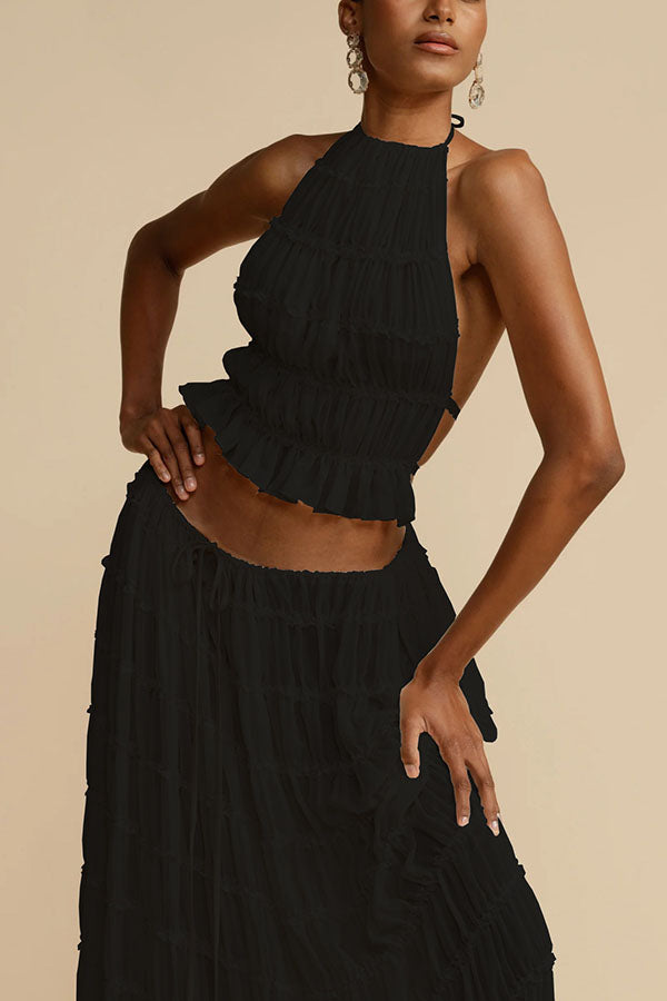 Versatility and Vintage Charm Pleated Drawstring Waist Tiered Maxi Skirt
