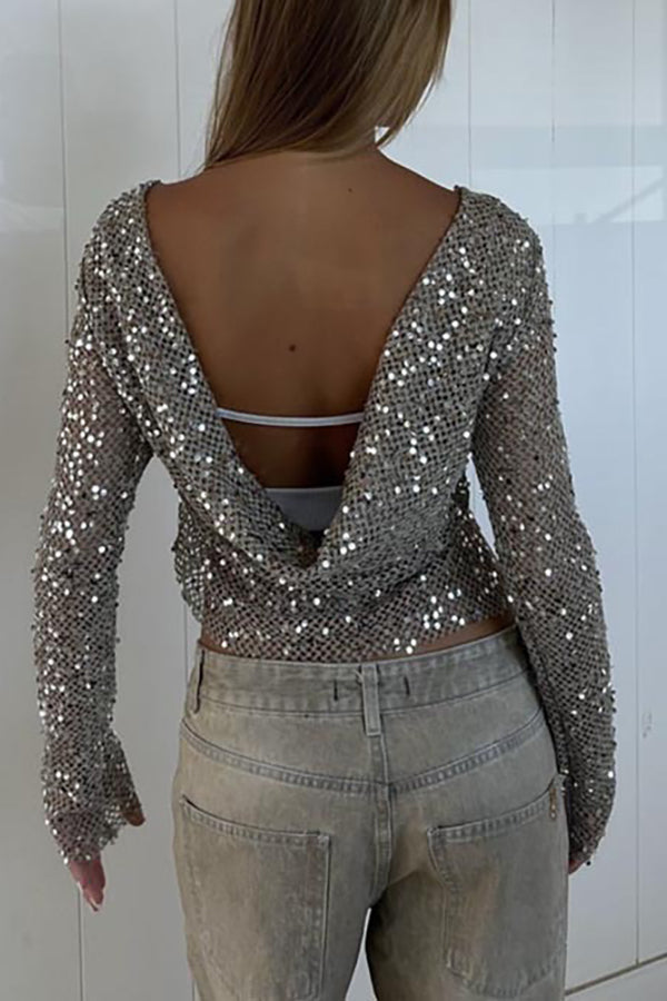 Sequined Fishnet Casual Long-sleeved Top