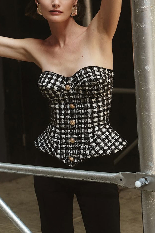 Maya Check Bouclé-tweed Fabric Sweetheart Neck Gold Button Strapless Tank