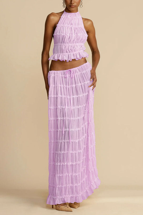 Versatility and Vintage Charm Pleated Drawstring Waist Tiered Maxi Skirt