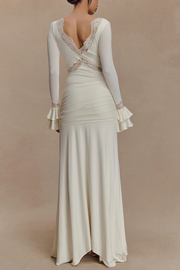 Lace Splicing V-neck Long-sleeved Slim Maxi Dress