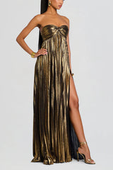 Metallic Tube Top Pleated High Slit Maxi Dress
