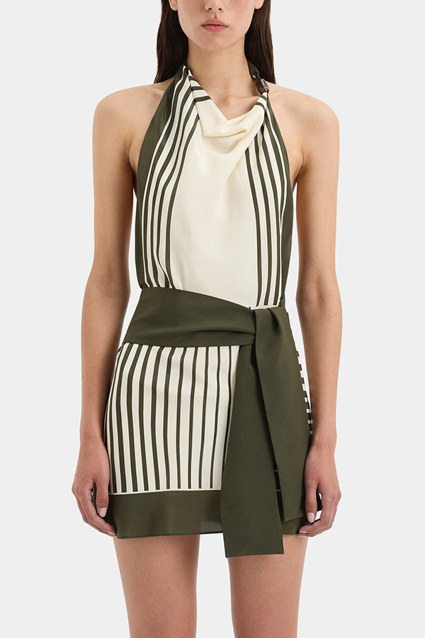Eventâ�?Striped Beads Cowl Neck Backless Tie-up Mini Dress