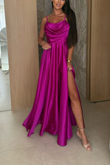 Solid Color Suspender Back Pleated Elegant Slit Full Hem Maxi Dress