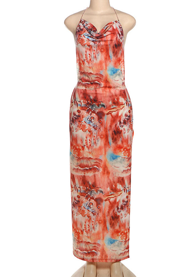 Floral Print Backless Slit See-Through Holiday Maxi Dress