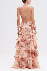 Ariae Butterfly Print Multi-layered Ruffles Backless Tie-up Maxi Dress
