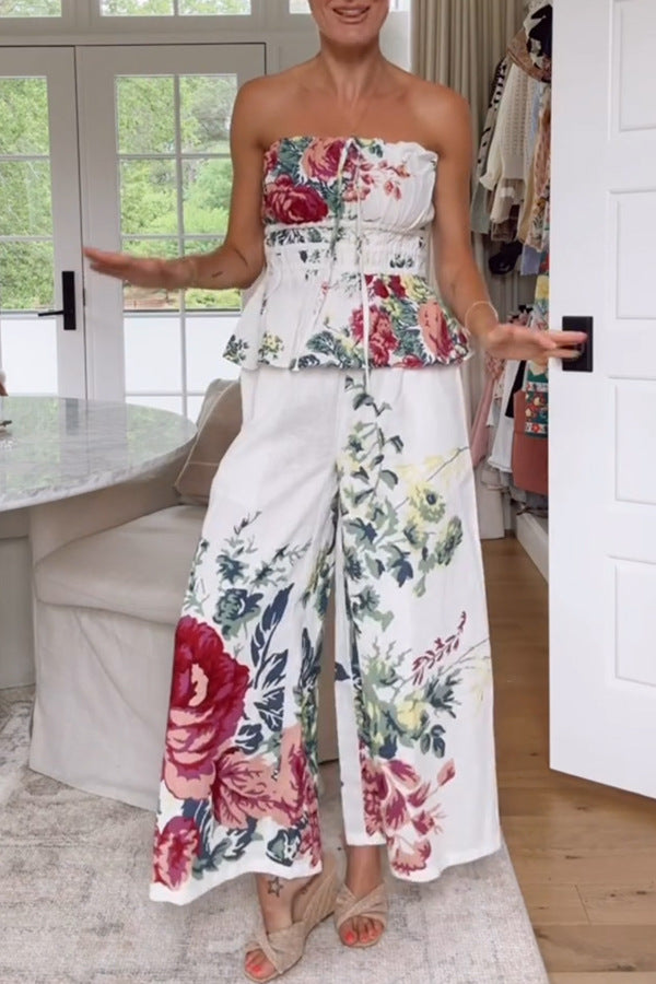 In To The Linen Blend Floral Print Elastic Bandeau and Elastic Waist Pocket Loose Pants Set