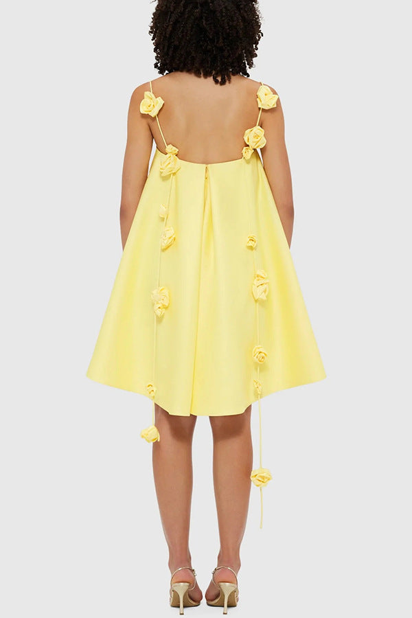 suspender satin dress INS casual loose vacation elegant yellow rose dress