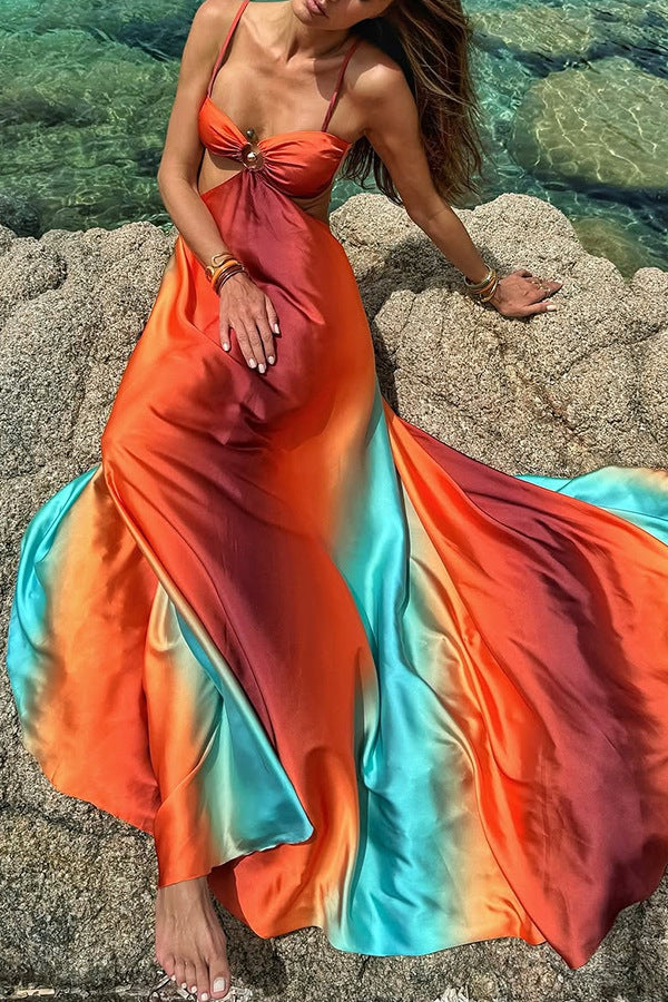 Queen Neon Sunset Printed Metal Decor Hollow Back Lace Holiday Long Dress