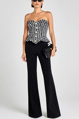 Maya Check Bouclé-tweed Fabric Sweetheart Neck Gold Button Strapless Tank