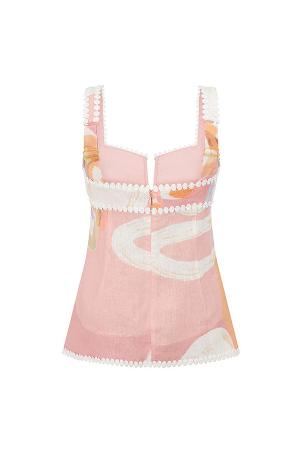 European Linen Blend Ric Rac Trims Unique Print Button Tank