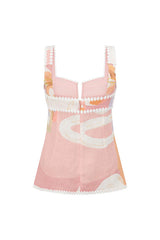 European Linen Blend Ric Rac Trims Unique Print Button Tank
