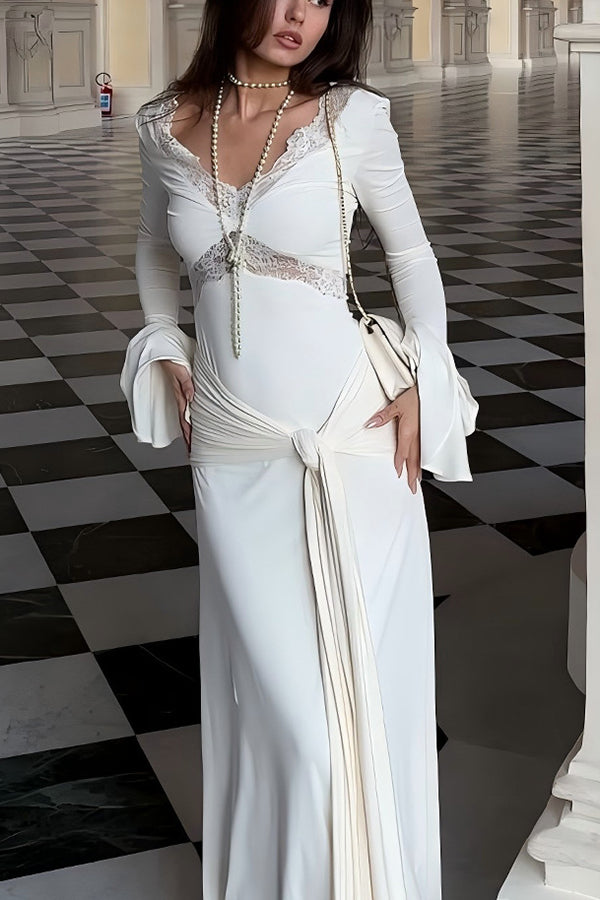 Lace Splicing V-neck Long-sleeved Slim Maxi Dress