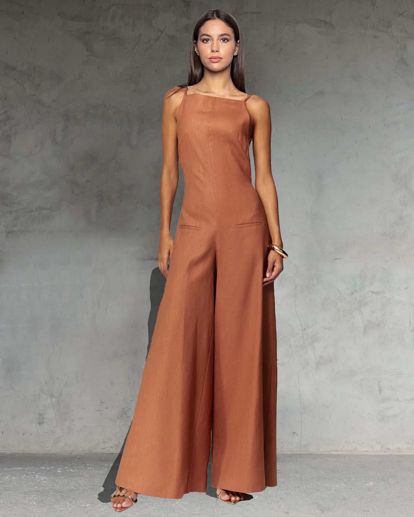 Kelso Linen Blend Square Neck Pocketed Backless Wide Leg Jumpsuit