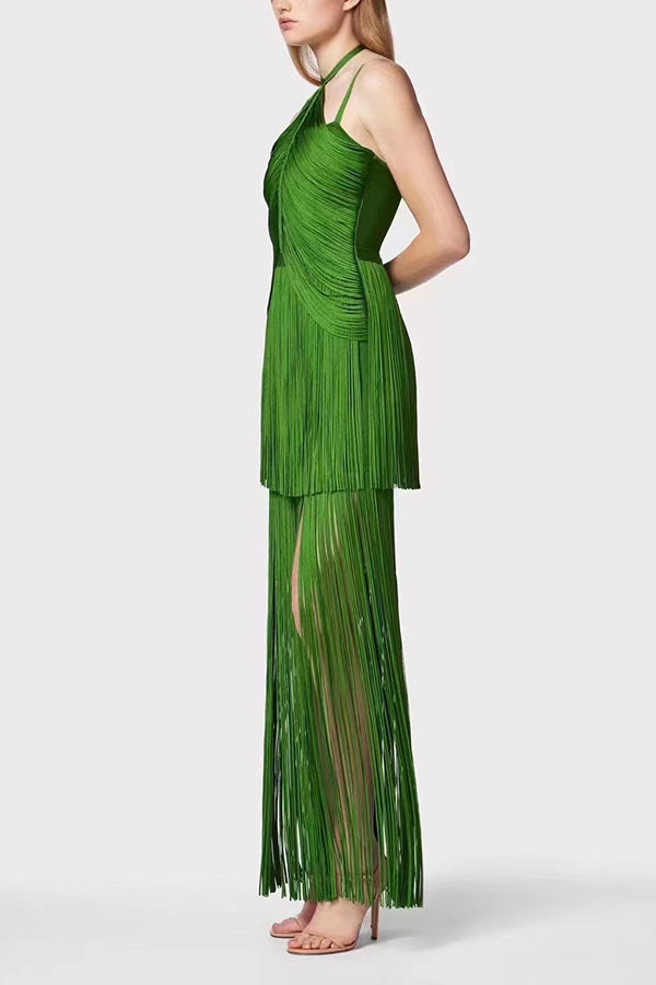 Halterneck Open Back Elegant Tassel Slim Maxi Dress