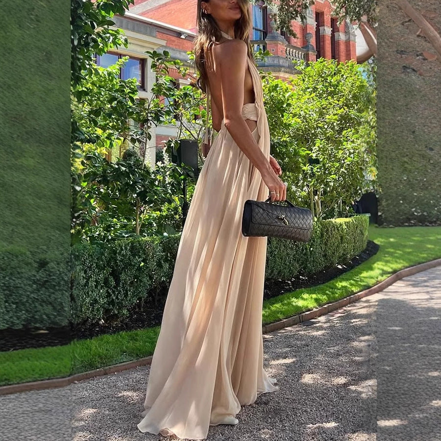 Ethereal Moment Tulle Cutout Ruched Waist Backless Halter Maxi Dress