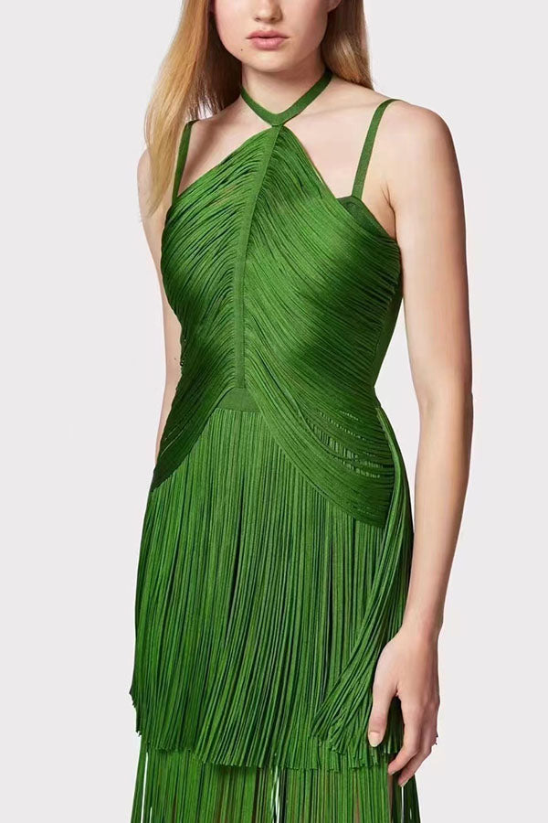 Halterneck Open Back Elegant Tassel Slim Maxi Dress