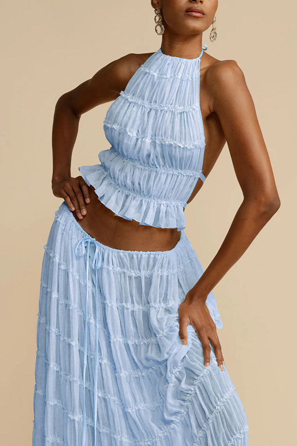 Versatility and Vintage Charm Pleated Drawstring Waist Tiered Maxi Skirt