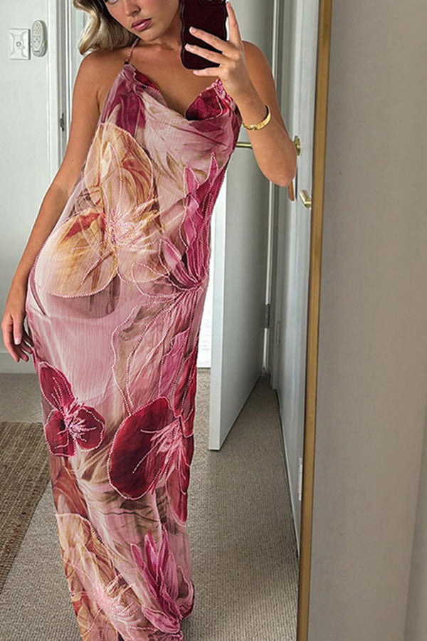 Floral Print Backless Slit See-Through Holiday Maxi Dress