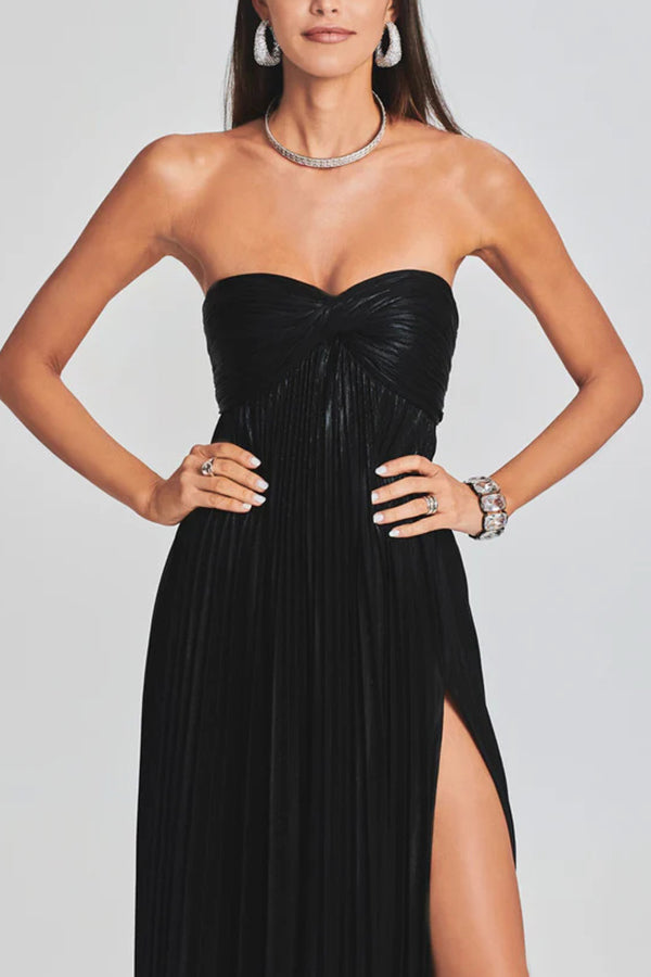Metallic Tube Top Pleated High Slit Maxi Dress