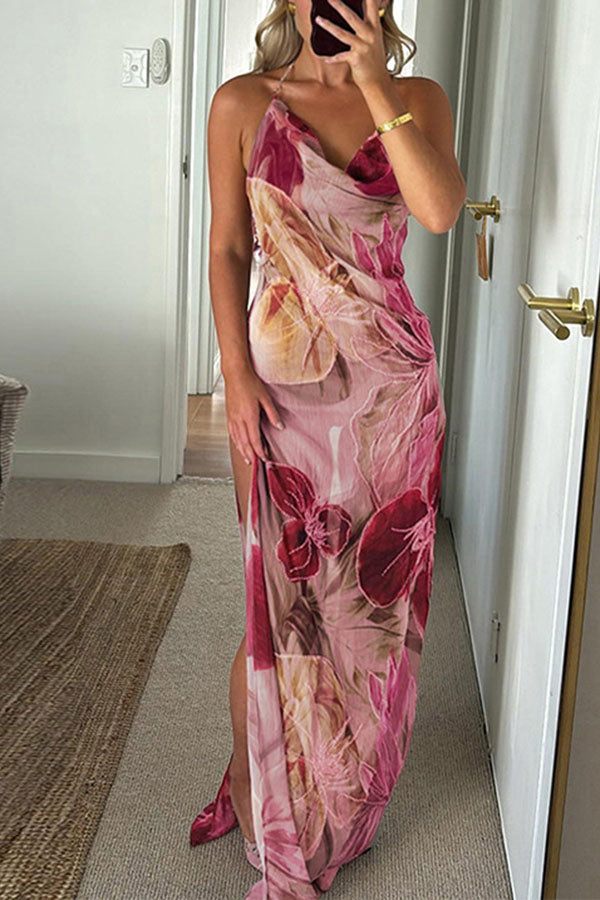 Floral Print Backless Slit See-Through Holiday Maxi Dress