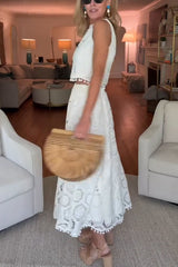 Embroidered Crochet Lace Tassle Trim Elastic Waist Midi Skirt