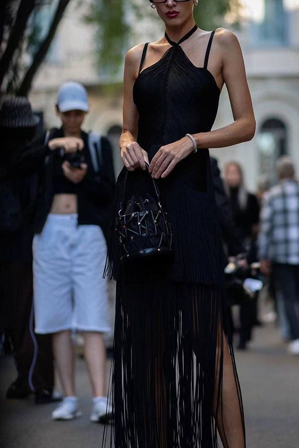 Halterneck Open Back Elegant Tassel Slim Maxi Dress