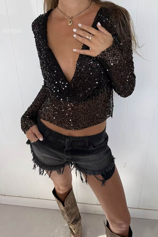 Sequined Fishnet Casual Long-sleeved Top