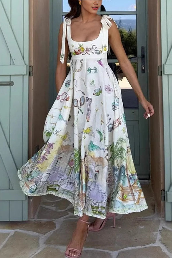 Euro View Linen Blend Unique Print Tie-up Straps Pocket Midi Dress
