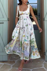 Euro View Linen Blend Unique Print Tie-up Straps Pocket Midi Dress