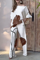 Floral Print Batwing Sleeves Loose-fitting Top and Relaxed Pocket Straight Pants Set