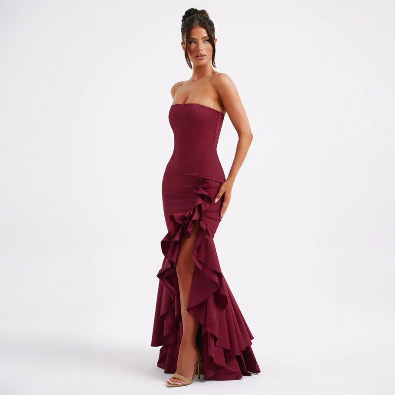 off shoulder, off shoulder strapless, hip hugging, irregular wave party dress