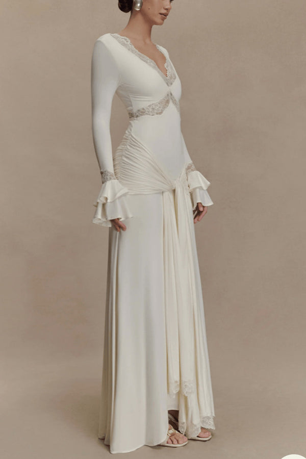 Lace Splicing V-neck Long-sleeved Slim Maxi Dress