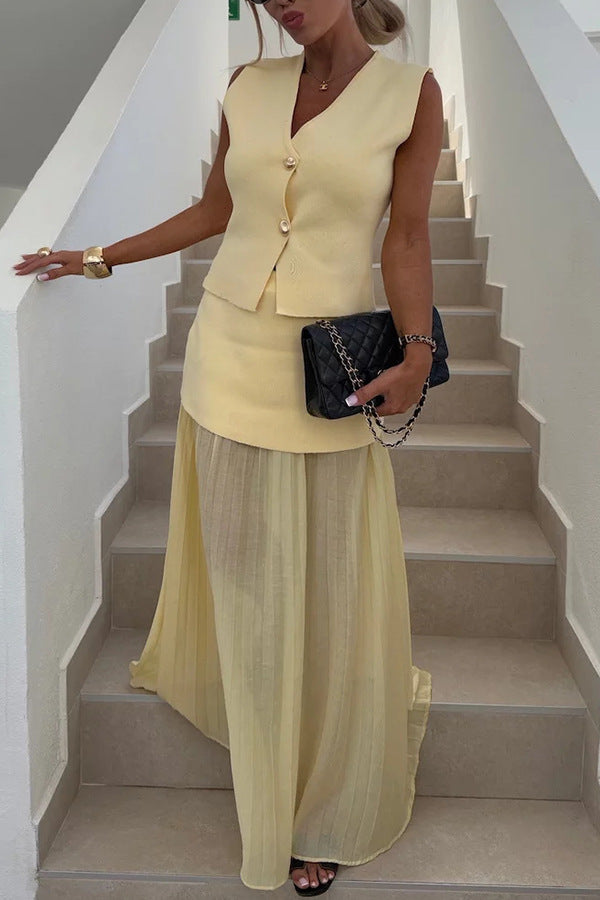 Elegant Knit Spliced Tulle Elastic Waist Pleated Maxi Skirt