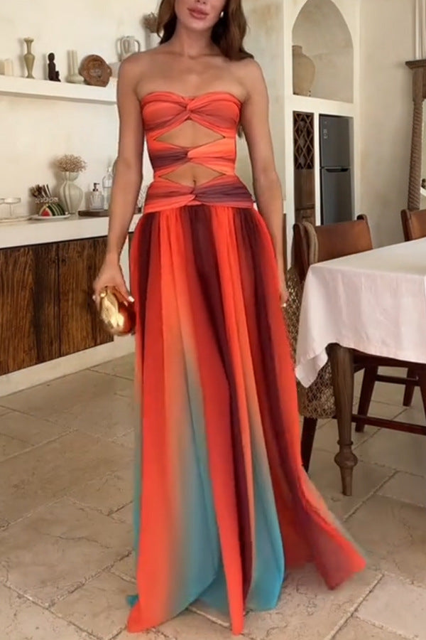 Sunset strapless Tassel Printed Twisted Hollow Off Shoulder Vacation Long Dress