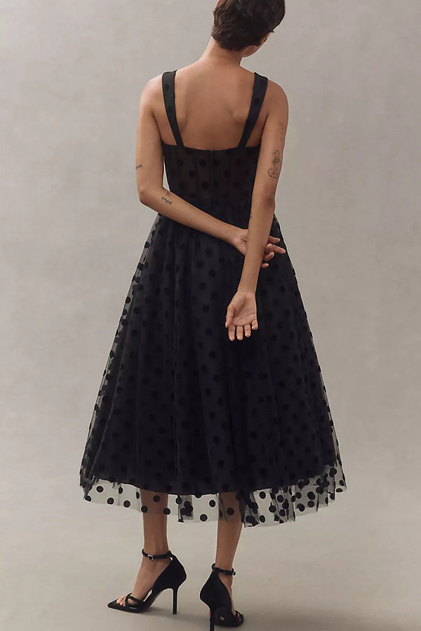 mesh black dot zipper dress INS casual loose strapless suspender party dress