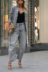 Casual Meetup Denim Stand Neck Long Sleeve Belted Loose Jacket