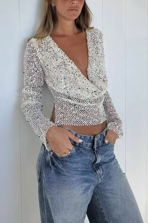 Sequined Fishnet Casual Long-sleeved Top