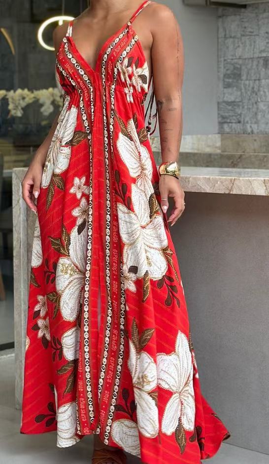 Strapless V-neck Beach Halter Backless Printed Fairy Long Temperament Dresses Swing Dresses