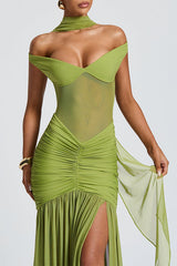 Raise The Level Mesh Off Shoulder Ruched Scarf Stretch Maxi Dress