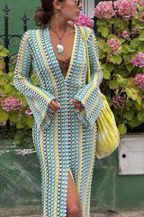 Eleanor Knit Colorful Wave Unique Print Shirt U-neck Long Sleeve Slit Maxi Dress