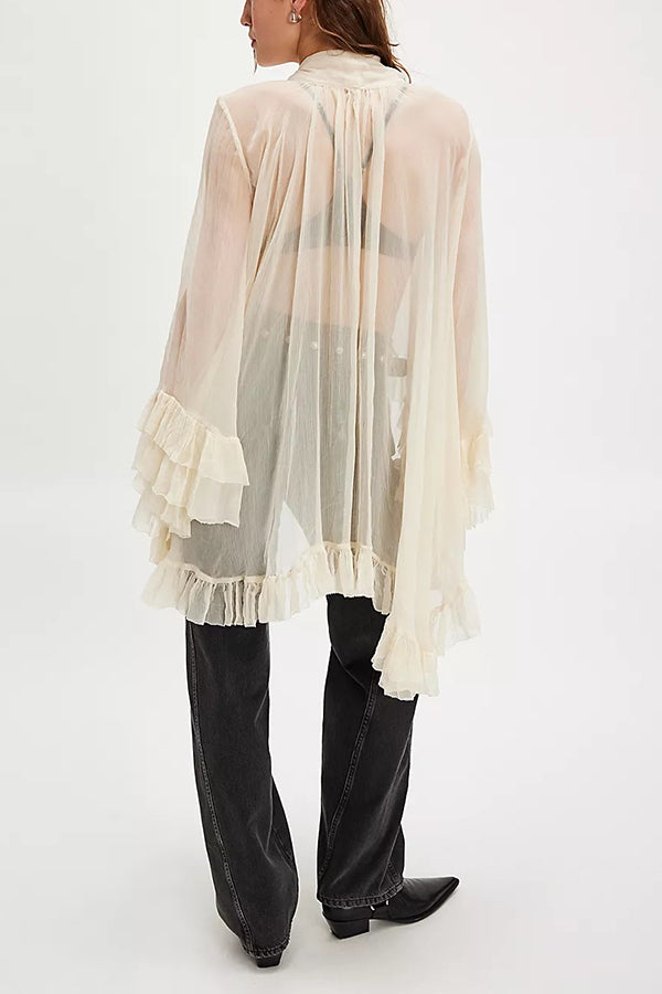 Flowy See-through Ruffle Tie-up Neck Bell Sleeve High-low Hem Cape Shirt