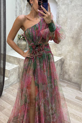 Elegant and beautiful chiffon floral pleated single shoulder sleeve slit long skirt for family
