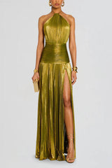 Glamorous Metallic Pleated Fabric Open Back Halter Slit Maxi Dress
