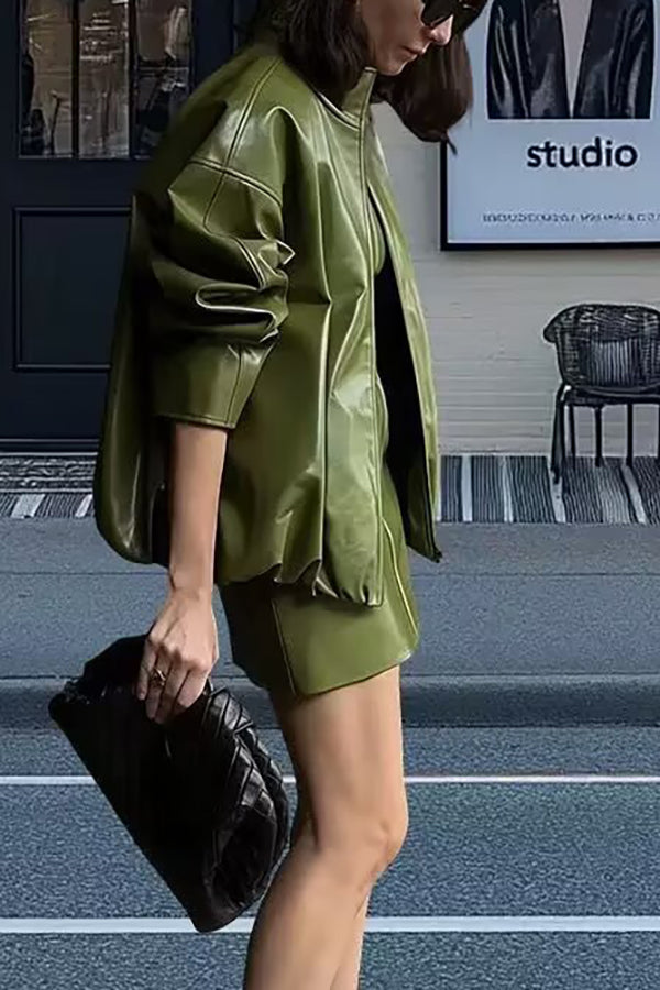 Solid Color Loose Long Sleeve Pocket Casual Leather Jacket