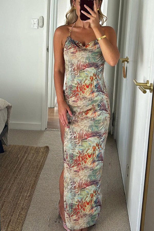 Floral Print Backless Slit See-Through Holiday Maxi Dress