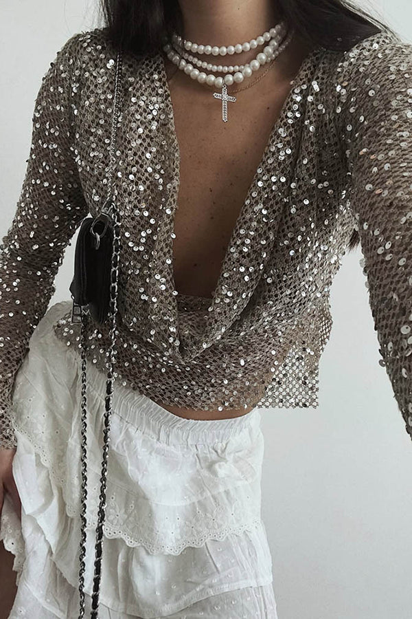 Sequined Fishnet Casual Long-sleeved Top