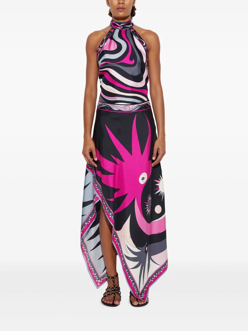 Satin Unique Print Halter Top and Irregular Midi Skirt Set